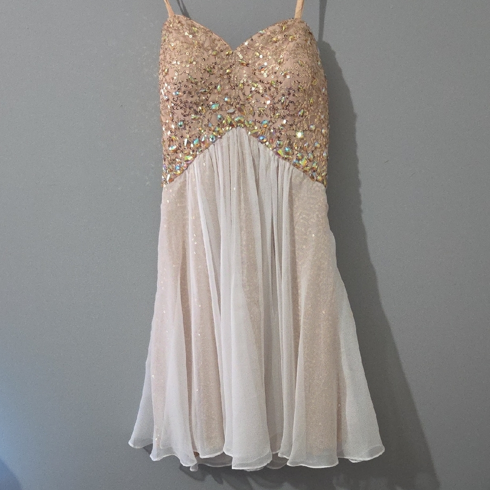 La Femme Sequin Embellished Mini Dress in Gold and Cream